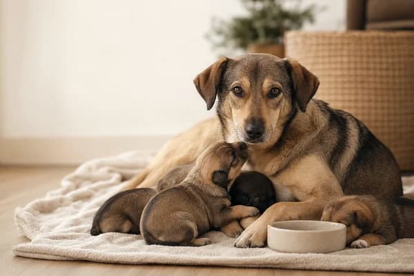 Suka karmiąca ze szczeniętami przy misce — karma dla suki w ciąży i laktacji